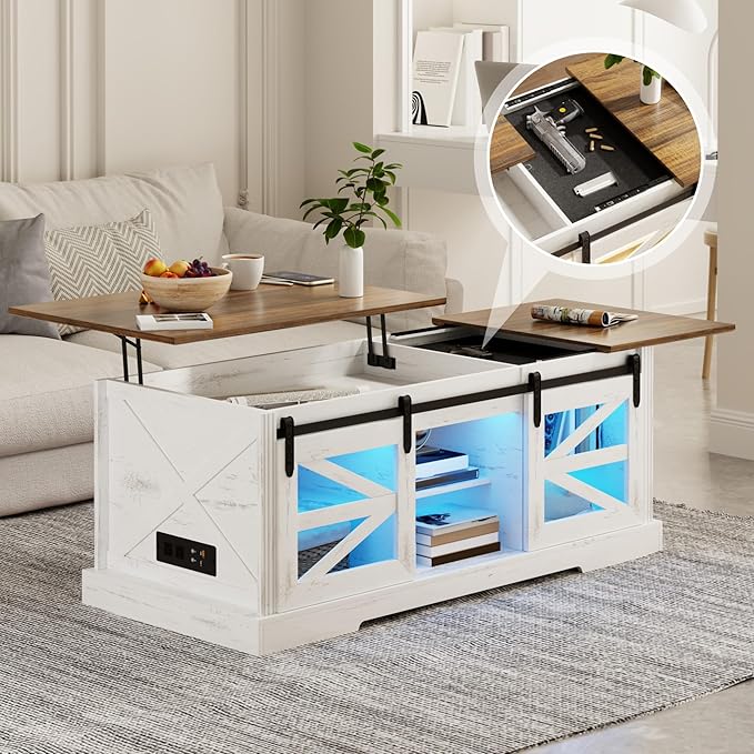 Farmhouse Coffee Table, Lift Top Coffee Table with Gun Cabinet, 2 Sliding Barn Doors-Large Storage and 3 Color LED Lights fit Modern Rectangular Rustic Living Room Center Table,White