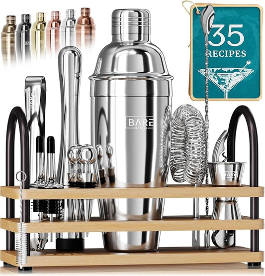 BARE BARREL® Mixology Bartender Kit Bar Set | 14-Piece Cocktail Shaker Set | Martini Barware Mixing Tools for Home Bartending | 35 Recipe Cards | Gift Set (24oz Cobbler Shaker, Silver/Natural)