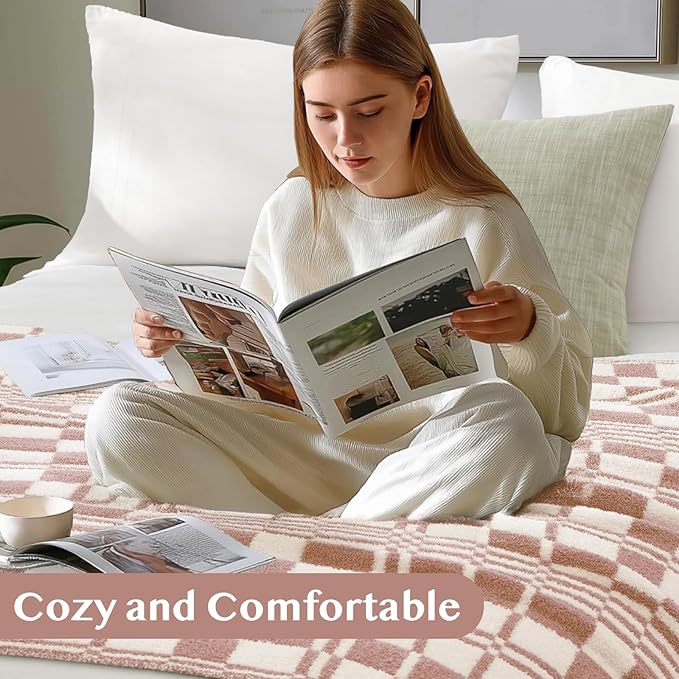 WRENSONGE Checkered Throw Blanket Clay Pink Soft Cozy Fluffy Warm Hand Made Weave Throw Blankets for Couch, Sofa, Chair, Bed, Camping, Picnic, Travel Lightweight Bed Blanket - 60"*80"