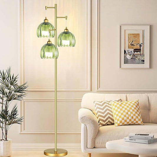 Vintage Floor Lamps for Living Room-3 Light Gold Floor Lamp with Three Bulbs & Glass Lampshape,Glass Mid Century Modern Standing Lamp Tree Tall Flower Floor Lamp for Bedroom Living Room,Corner