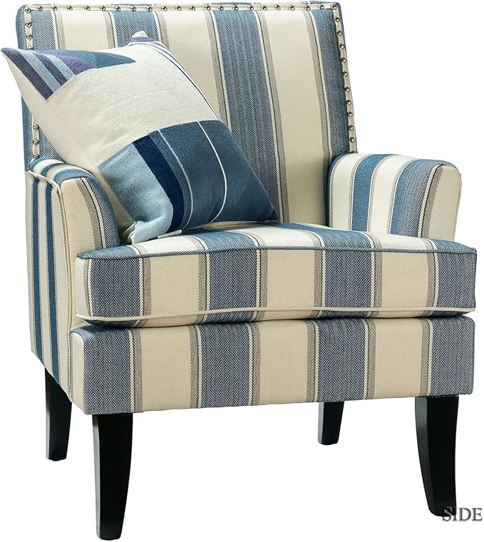HULALA HOME Modern Accent Chair with Arms and Wooden Legs, Mid Century Accent Chair Armchair High Back Rest, Padded Armrest and Comfortable Cushioned Seat for Living Room (Stripe Blue)