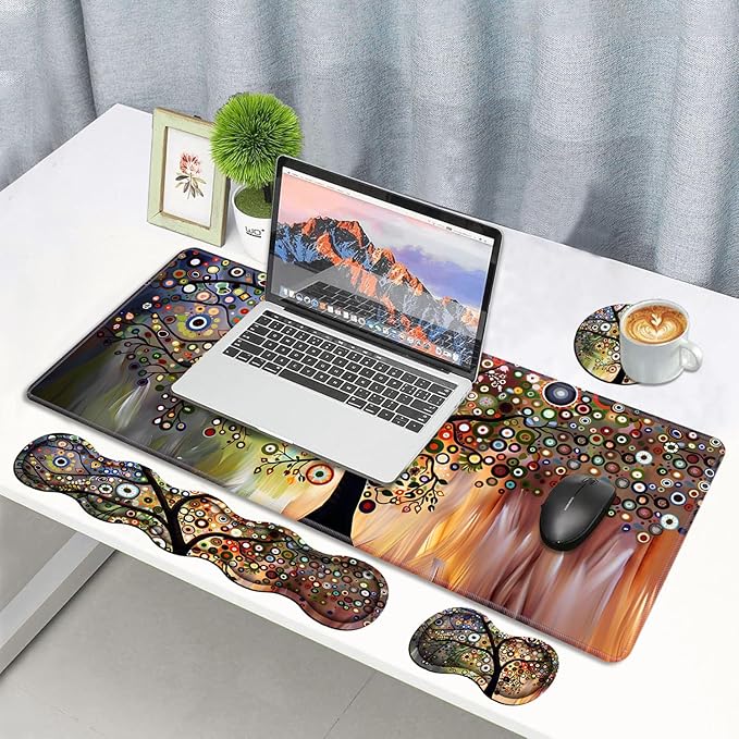 4 in 1 Ergonomic Memory Foam Mouse Pad Wrist Rest Set, Large XXL Gaming Desk Pad + Keyboard Wrist Rest + Mouse Wrist Cushion + Coaster for Home Office Study Gaming, Tree of Life