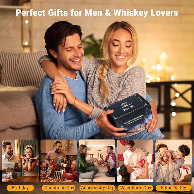 Electric Whiskey Smoker Kit with LED Lights Old Fashioned Drink Smoker Kit 6 Wood Chips 4 Ice Stone Cocktail Smoker Kit No Butane Needed Bourbon Whiskey Gifts for Men Dad Husband