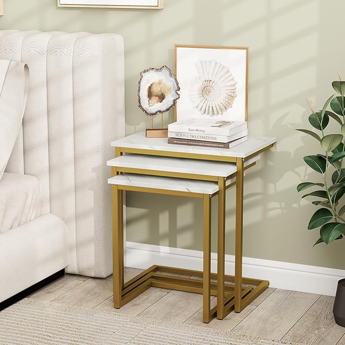 Giantex Nesting Coffee Table Set of 3, Stackable Square End Table w/Faux Marble Tabletop & Heavy-Duty Metal Frame, Farmhouse C-Shaped Accent Table for Small Space, Living Room, Bedroom (White Gold)