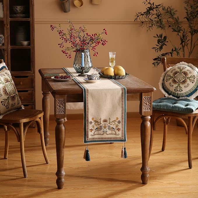 patdrea Designer Beige Farmhouse Geometric Patterned Extra Long,Wrinkle Resistant Linen Table Runner 118 Inch Long,Decoration for Kitchen Dining and Coffee Tables Banquet Christmas , 12"x118"