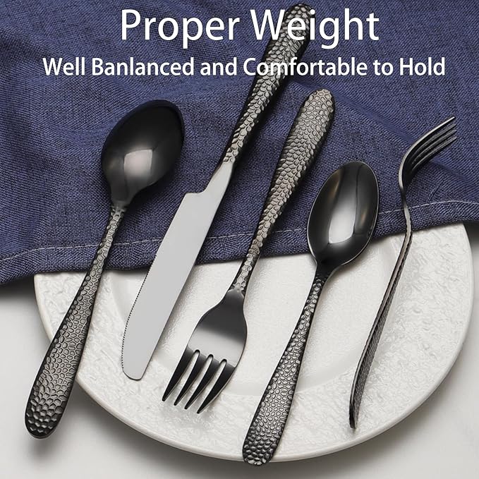 Black Hammered Silverware Set, 20 Piece Stainless Steel Heavy Duty Flatware Set for 4, Food-Grade Tableware Cutlery Set for Home Restaurant, Mirror Polished, Dishwasher Safe