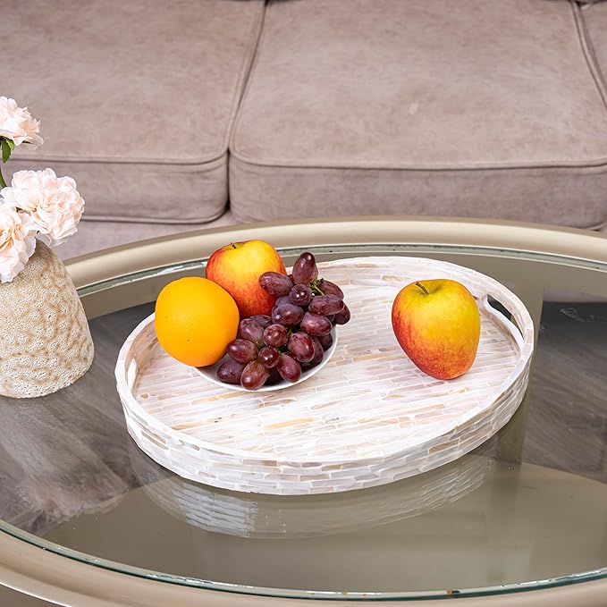 PEMAR 15.7"x11.8" Oval Mother of Pearl Serving Tray, Decorative Ottoman Tray for Living Room, Coffee Table, Breakfast in Bed, Candle Display (White Cream)