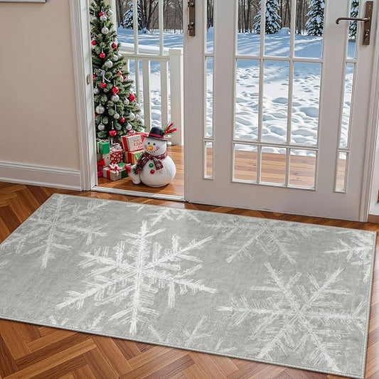 Lahome Snowflake Washable Rugs for Entryway- 2x4 Small Rug Ultra-Thin Soft Door Mat Indoor Entrance Indoor Door Mat, Rubber Backing Throw Carpet Entryway Rug for Kitchen Bathroom Bedroom(2x4ft,Grey)