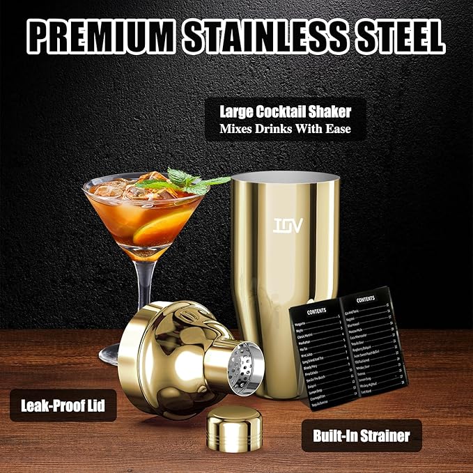IOV Cocktail Shaker, 24 oz Martini Shaker, Drink Mixer with Built-in Strainer, Professional Stainless Steel Margarita Alcohol Shaker with Cocktail Recipe Guide, Bartender Kit Gifts, Gold