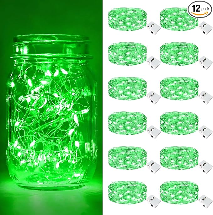 btfarm 12 Pack Fairy Lights Battery Operated [3 Modes], 7ft 20 Led Twinkle Lights String Lights Waterproof Bulk Small Mini Silver Wire for Mason Jars Vases Wedding Table Centerpiece, Green