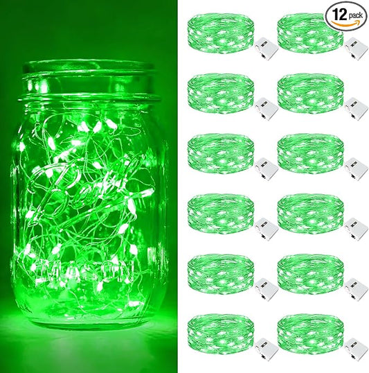 btfarm 12 Pack Fairy Lights Battery Operated [3 Modes], 7ft 20 Led Twinkle Lights String Lights Waterproof Bulk Small Mini Silver Wire for Mason Jars Vases Wedding Table Centerpiece, Green