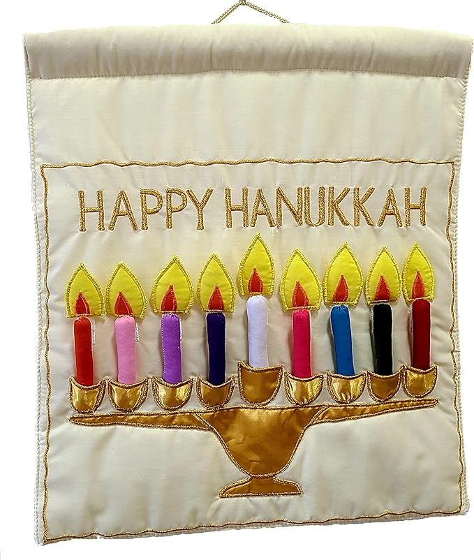 Jewish Happy Hanukkah Menorah Wall Hanging by Pockets of Learning | Festive Hebrew Holiday Décor, Judaica Fabric Advent Calendar | Chanukah Cloth Countdown with Candles and Pouch (Ivory Cream)