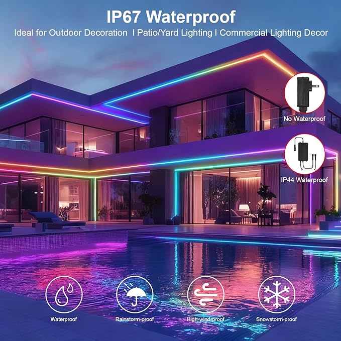 Outdoor LED Strip Lights RGB Smart IC IP67 COB LED Strip Light 40FT/12M Waterproof Led Strip Lights App & Remote Control Exterior RGB+IC Outdoor Lights for Patio, Eave, Patio Decorations