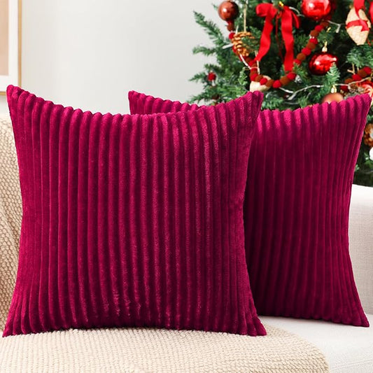 Simmore Decorative Fall Throw Pillow Covers 18x18 Set of 2, Soft Natural Plush Flannel Double-Sided Fluffy Couch Pillow Covers for Sofa Living Room, Burgundy