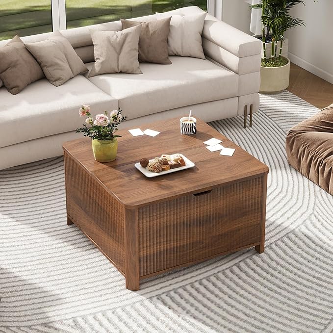 LYNCOHOME Fluted Lift Top Coffee Table with Storage, Square Coffee Tables for Living Room, Coffee Table with Large Hidden Storage Compartment and Adjustable Shelves，Walnut