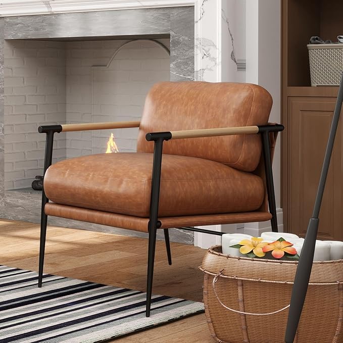 LukeAlon Mid-Century PU Leather Accent Chair, Ultra Soft Living Room Chair with Metal Legs Modern Armchair Upholstered Comfy Leisure Chair for Bedroom Reception Area Reading Room, Brown