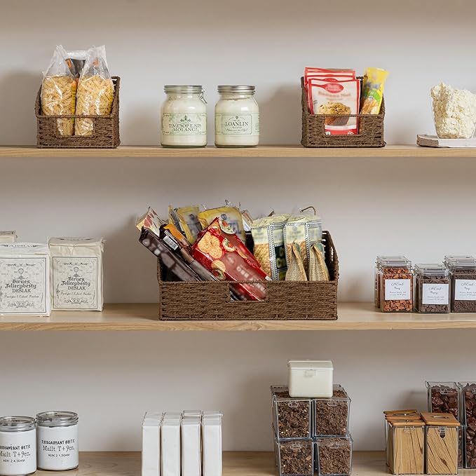 StorageWorks Paper Rope Pantry Storage Baskets, Wicker Baskets with Built-in Handles, Handwoven Shelf Baskets for Organizing, Pantry Organizers and Storage, Brown, 3 Pack