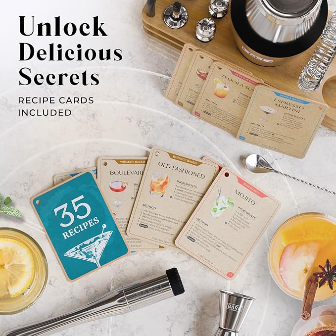 BARE BARREL® Mixology Bartender Kit Bar Set | 14-Piece Cocktail Shaker Set | Martini Barware Mixing Tools for Home Bartending | 35 Recipe Cards | Gift Set (28oz Boston Shaker, Silver/Natural)