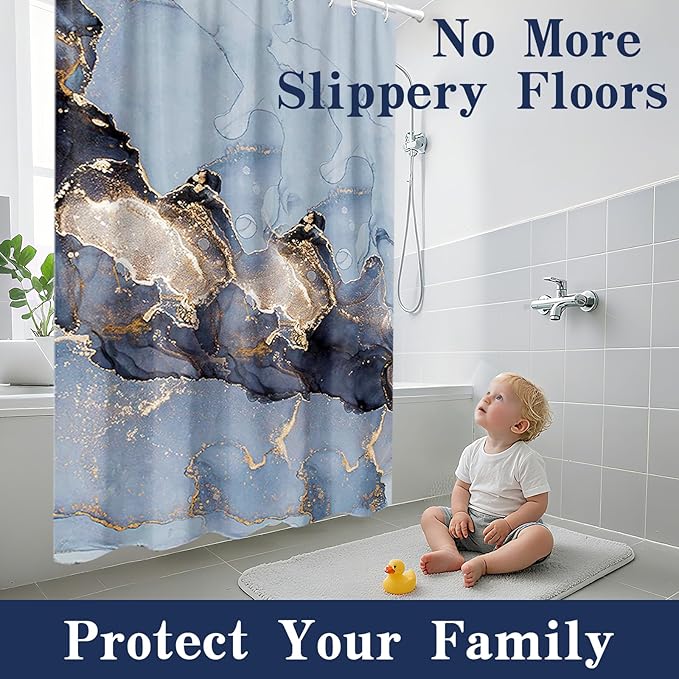 Domoku Blue Marble Waterproof Shower Curtain 72 x 72 Inches with Hooks, Machine Washable Easy-Care Fabric Bathroom Curtain for Tub or Shower