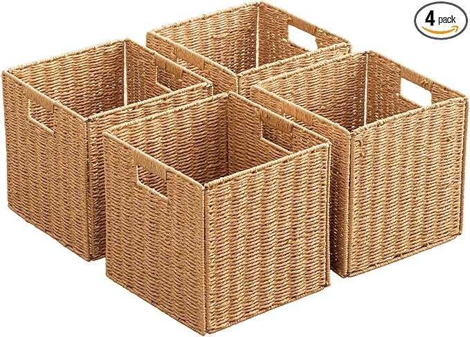 Foldable Storage Baskets with Handles Paper Rope Storage Baskets Rectangle Collapsible Hand Woven Storage Cubes Bins for Organizing Shelves Living Room Bedroom Pantry (4, 11'' x 11'' x 11'')