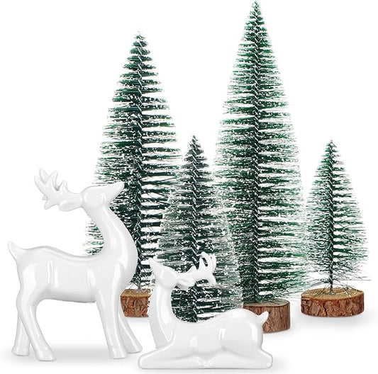 Wesiti 2 Pcs Ceramic Christmas Reindeer Figurines 4 Pcs Mini Christmas Pine Tree Reindeer Decor Deer Statue Sculpture Tabletop Ornaments for Home Mantel Shelves Decor(White)