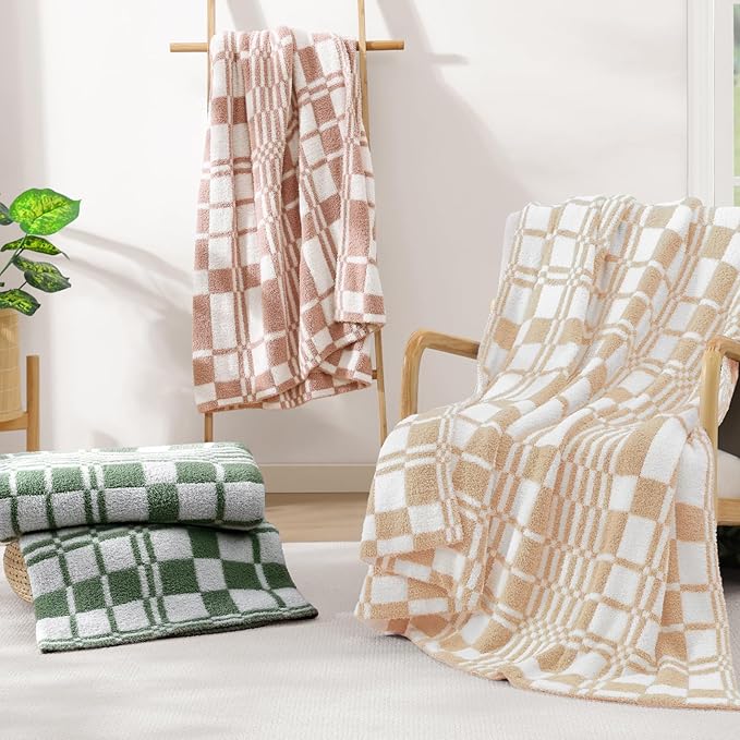 WRENSONGE Checkered Throw Blanket, Toast Almond Soft Cozy Fluffy Warm Hand Made Throw Blankets for Couch, Sofa, Chair, Bed, Camping, Picnic, Travel Lightweight Bed Blanket - 50"*60"