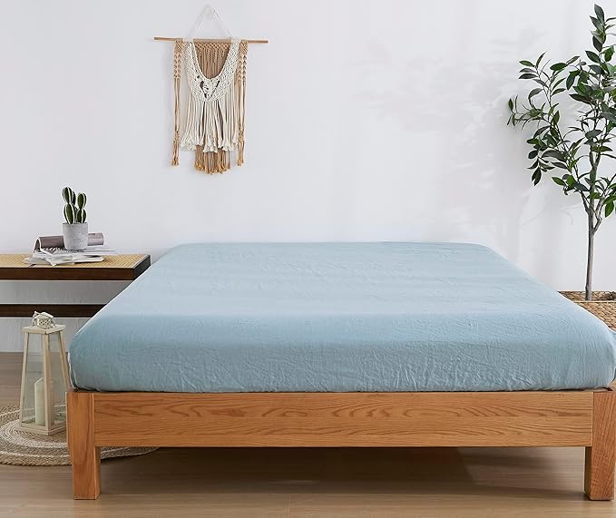 100% Linen Fitted Sheet Queen(1 Piece), 15 Inch Deep Pocket Mattress Cover French Flax Stone Washed Farmhouse Soft Breathable Bottom Sheets(Blue, Queen)