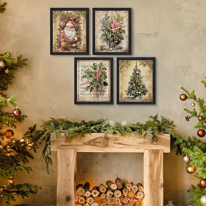 JXREQ Vintage Christmas Pictures Wall Decor Prints,Pink Christmas Wall Art Decorations for Home Kitchen Bedroom Bathroom Living Room Office,Santa Claus Xmas Tree Decor Prints Set of 4,8x10 Unframed