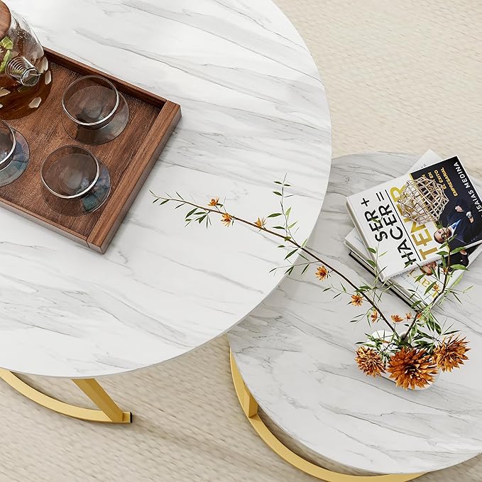 HOJINLINERO Round Coffee Table Set of 2 End Tables for Living Room,Circular and Marble Nesting Coffee Table Wooden Accent Furniture with Golden Metal Frame,Stacking Side Tables,White