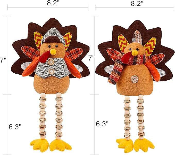 Biswing Thanksgiving Decoration Tabletop Standing Turkey Couple with Dangling Legs, 2 Pack Plush Stuffed Turkeys Shelf Sitters Figurine Gift for Autumn Fall Harvest Halloween Home Table Decorations