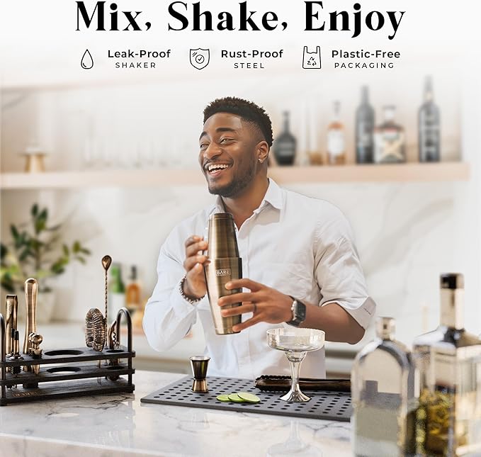BARE BARREL® Mixology Bartender Kit Bar Set | 14-Piece Cocktail Shaker Set | Martini Barware Mixing Tools for Home Bartending | 35 Recipe Cards | Gift Set (28oz Boston Shaker, Brass/Black)