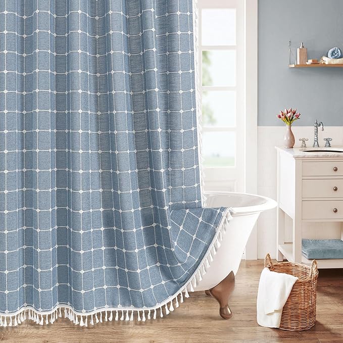 MitoVilla Blue Boho Extra Long Shower Curtain 72 x 84, Modern Farmhouse 84 inch XL Polyester Linen Texture Tassel Fabric Shower Curtain Set with Hooks for Cottagecore Country Bathroom Decor