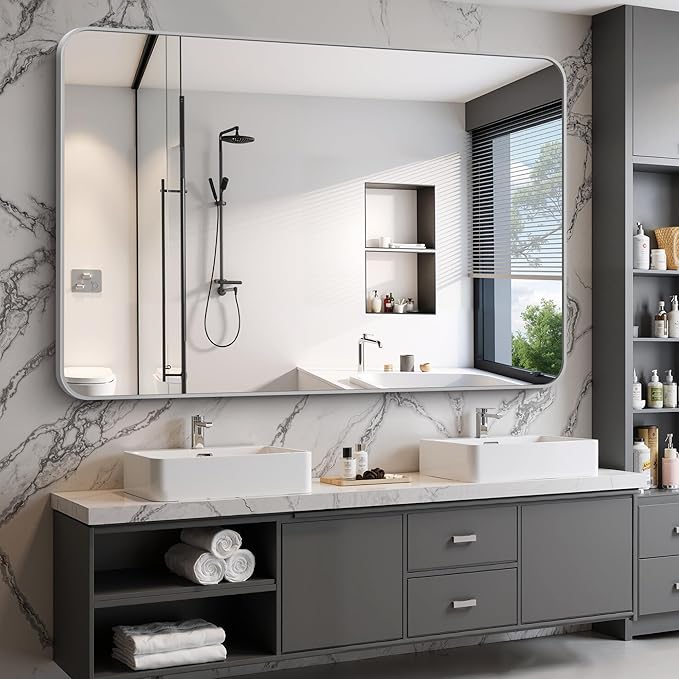 60x40 Inch Silver Bathroom Mirror, Large Rectangle Mirror, Metal Framed Rectangular Vanity Mirror, Rounded Corner Wall Mounted Mirror for Living Room Bedroom Entryway Horizontal or Vertical