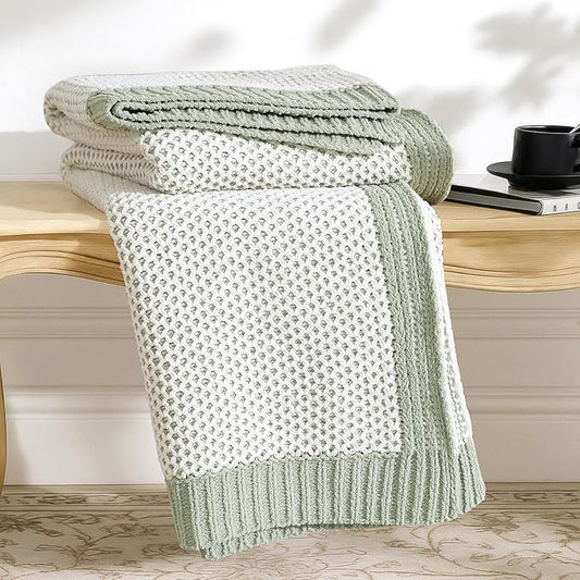 Amélie Home Honeycomb Knit Throw Blanket for Couch, Dual-Sided Soft Chenille Decorative Blankets for Sofa & Chair, 50"x60", Sage Green & White