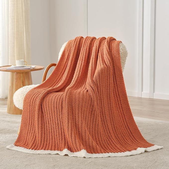 Snuggle Sac Ribbed Burnt Orange Fall Throw Blanket for Couch, Fuzzy Microfiber Knit Blankets for Couch, Sofa, Travel, Burnt Orange, 50x60 inches