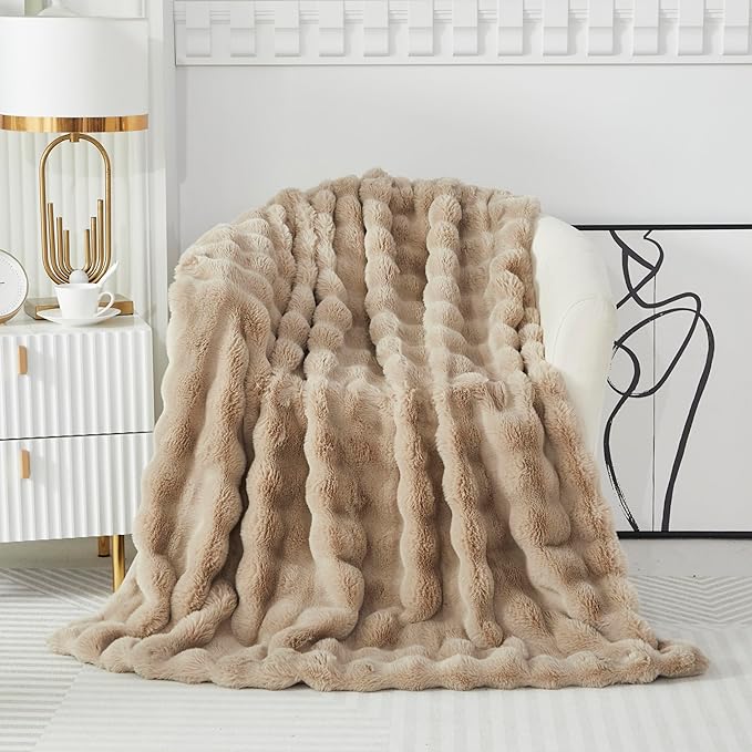 Faux Fur Throw Blanket for Couch Cozy Fuzzy Soft Plush Thick Fluffy Fleece Bubble Blanket for Sofa Bedroom Living Room, 51x63 Inches Camel