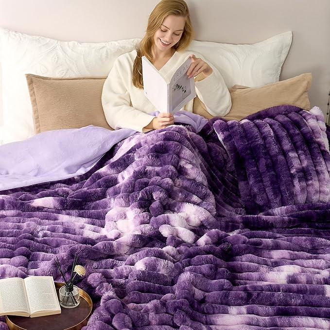 Cozy Bliss Faux Fur Throw Blanket for Couch, Cozy Warm Plush Striped Blanket for Sofa Bedroom Living Room, 90 * 90 Inches Tie-dye Purple