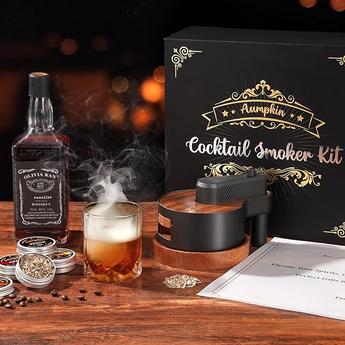 Premium Whiskey Smoker Kit with Torch, 6 Flavors Wood Chips, 2 Glasses, 2 Ice Ball Molds, Old Fashioned Drink Cocktail Smoker Kit, Birthday Bourbon Gifts for Men, Dad, Husband, Black&Brown (NO Butane)