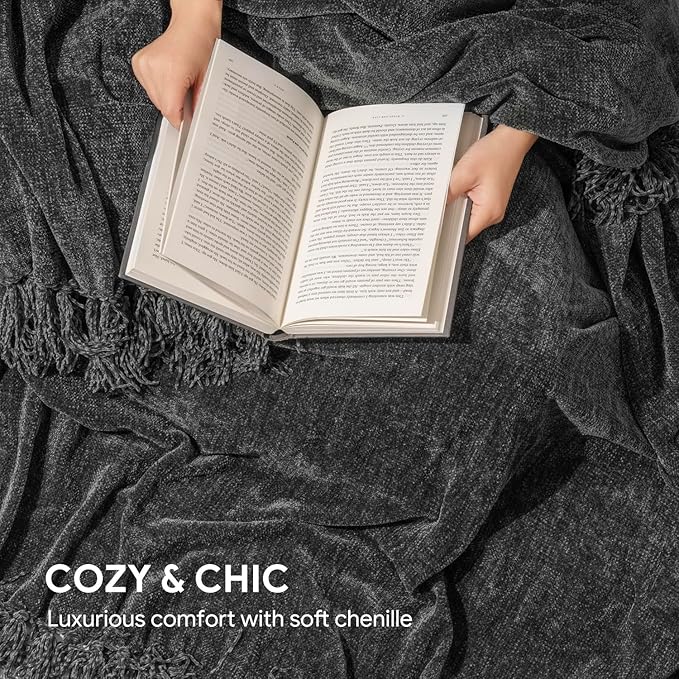 RECYCO Throw Blanket Soft Cozy Chenille Throw Blanket with Fringe Tassel for Couch Sofa Chair Bed Living Room Gift (Dark Gray, 60" x 80")