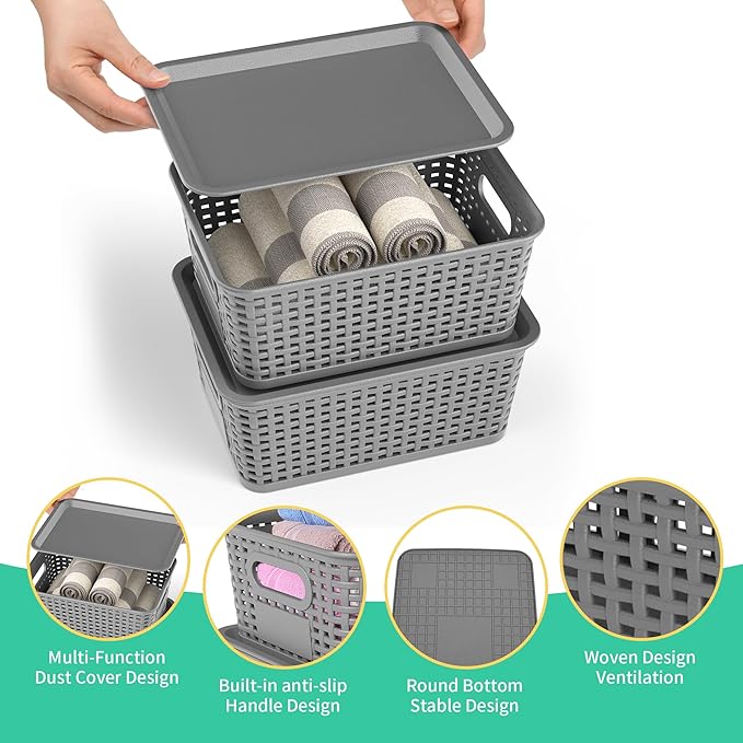 8-Pack Grey Plastic Storage Baskets with Lids, Label Organizers, Stackable Organizer Containers: For Organizing Shelves, Drawers, Desk Closets, Playrooms, Classrooms, Offices