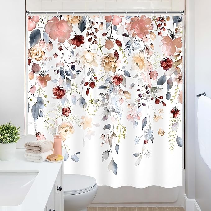 Floral Shower Curtain 72Wx72L Inch Coral Pink Colorful Flower Blue Eucalyptus Leaves Pretty Watercolor Pastel Bathroom Set Plant Botanical Country Bath Curtain Bathtub Accessories Home Decor