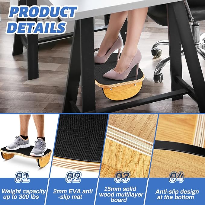 Taiyin Ergonomic Wood Foot Rest for Enhanced Circulation Under Desk Wood Footrest Stool Rocker Balance Board for Supporting Relieving Leg Pressure, Home and Office Use, 15.8 x 11 x 4.3 Inches