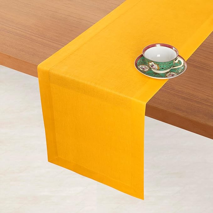 D'Moksha Homes Linen Table Runner 36 Inches - 100% Pure Linen Sunflower Yellow Small Table Runner 14 x 36 Inch for Dresser, Coffee Tables, Fall, Autumn and Halloween-Machine Washable