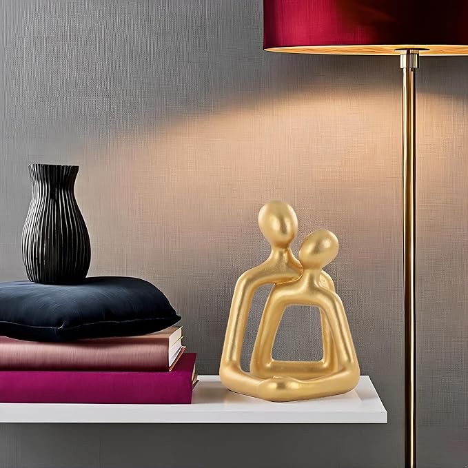 Abstract Hugging Couple Sculpture, Gold Modern Art Decor, Resin Home Accent, Desk & Shelf Decoration