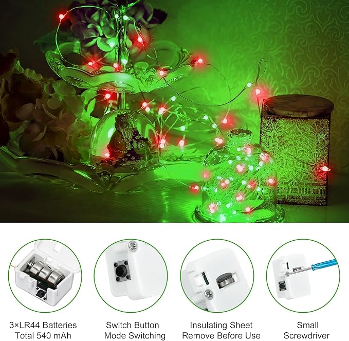 btfarm 30 Pack Fairy Lights Battery Operated [3 Modes], 7ft 20 Led Twinkle Lights String Lights Waterproof Bulk Small Mini Silver Wire for Christmas Mason Jars Wedding Table Centerpiece, Red Green