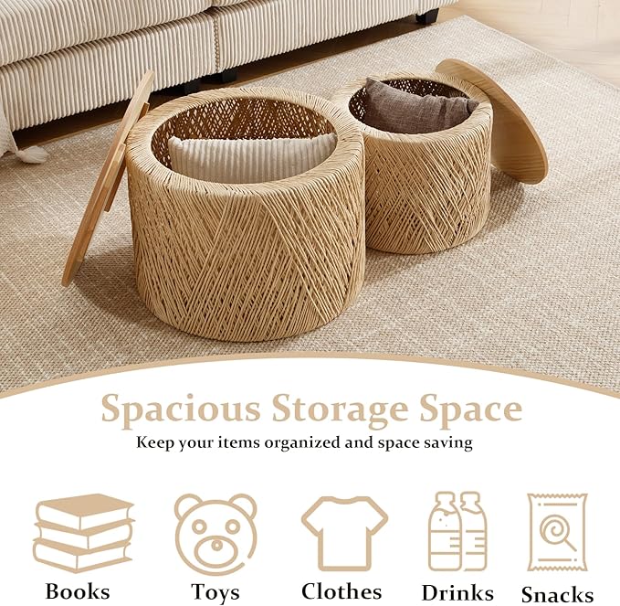 Kmax 24" Round Wood Nesting Coffee Table Set of 2 Handcraft Woven & Rope Rattan Sofa Tables Both with Storage Drum End Side Table for Small Space Living Room No Assembly Needed, Natural Color