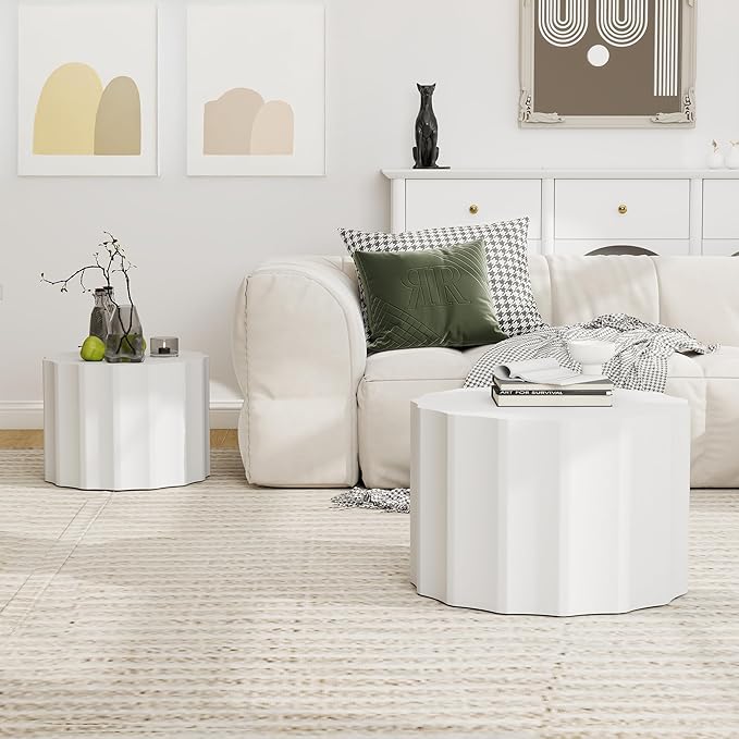 Nesting Coffee Table Set of 2, Round Coffee Tables, Space-Saving Modern Circle Coffee Tables, Side End Table for Living Room, Bedroom, Balcony, Office, White