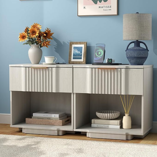 Yechen Fluted Night Stand Set 2 with 20W Fast Charging Station - Large Wood Nightstands with Storage Drawer & Shelf, Modern Wide Bedside End Tables for Bedroom with Curved Profile Base, White Oak