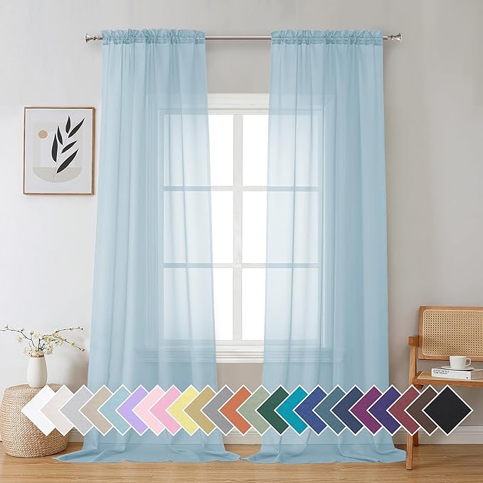 Aiyufeng 2 Pack: Basic Sky Blue Sheer Curtain Drapes 96 Inch Length 2 Panels for Living Room, Light Filtering Voile Drapes for Bedroom, Patio, Sliding Door, Each 42" W x 96" L
