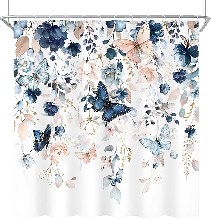 Blue Floral Butterfly Shower Curtain 72Wx72L Inch Navy Flower Plant Gold Leaves Botanical Pastel Watercolor Bathroom Set Pretty Rustic Country Bath Curtain Bathtub Accessories Home Decor